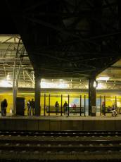 architecture exteriors ns trainstation station people waiting kissing train passing night passengers rails