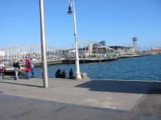 architecture exteriors cityscapes barca bareclona marina bridge people tourists water sitting standing lamppost