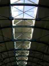hall hallway roof ceiling beams metal glass