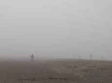 nature characters humanoids silhouette beachscape mist gray grey