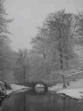 winter scene cold snow covered blanket stream bridge park christmas card xmas