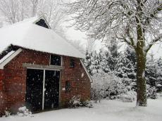 barn bricks roof snow snowed in snowing flakes snowflakes winter scene scenic