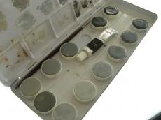 objects paint paintbox aquarel tube plastic circles colors gray grayscale white waterpaint