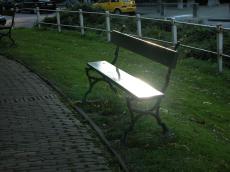bench park reflection grass fence