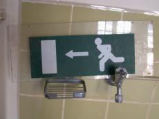objects signs exit humanoid arrow door emergency emergencyexit plastic glass green bathroom chrome crane