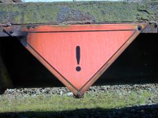 sign lookout watchout watch-out look-out red triangle metal orange ! rust