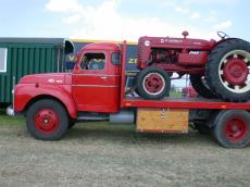 old vehicle van red transporting truck tractor tires fifties shapes