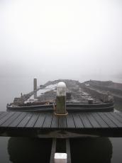 boat barge sludge mud wet pool water quay mist misty
