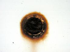 rusty screw in steel plate white circle round